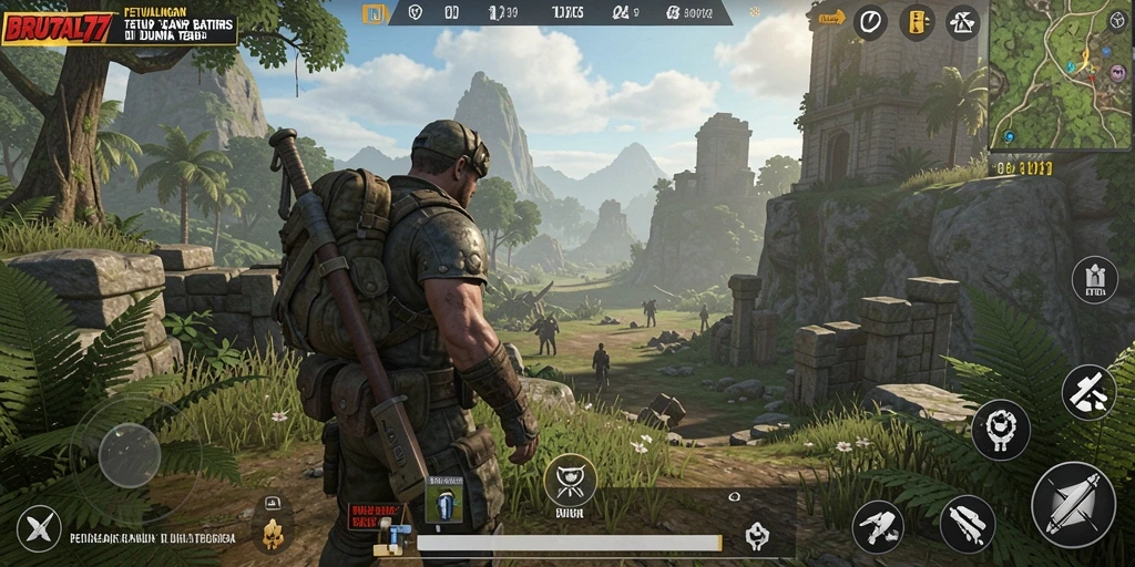 Screenshot gameplay BRUTAL77 menampilkan eksplorasi dunia terbuka yang dinamis.