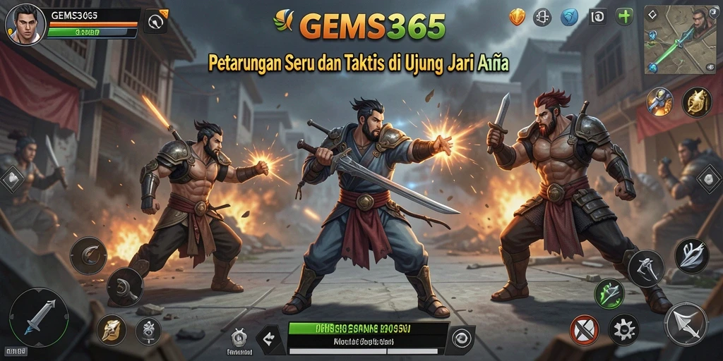 Tangkapan layar gameplay GEMS365 yang menampilkan pertarungan seru.