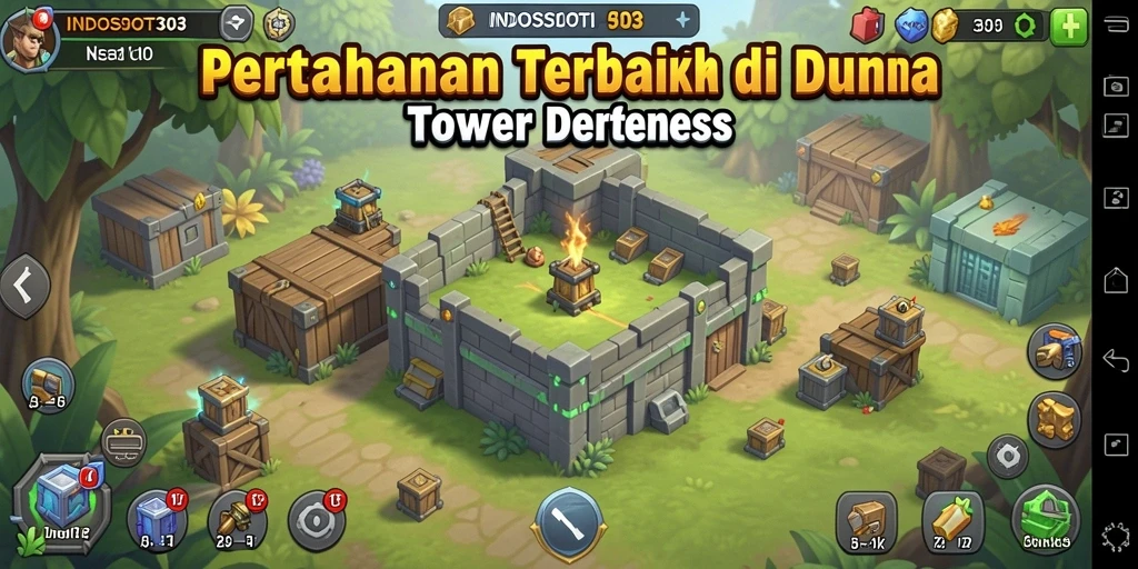 Screenshot gameplay yang menunjukkan strategi dalam Tower Defense.