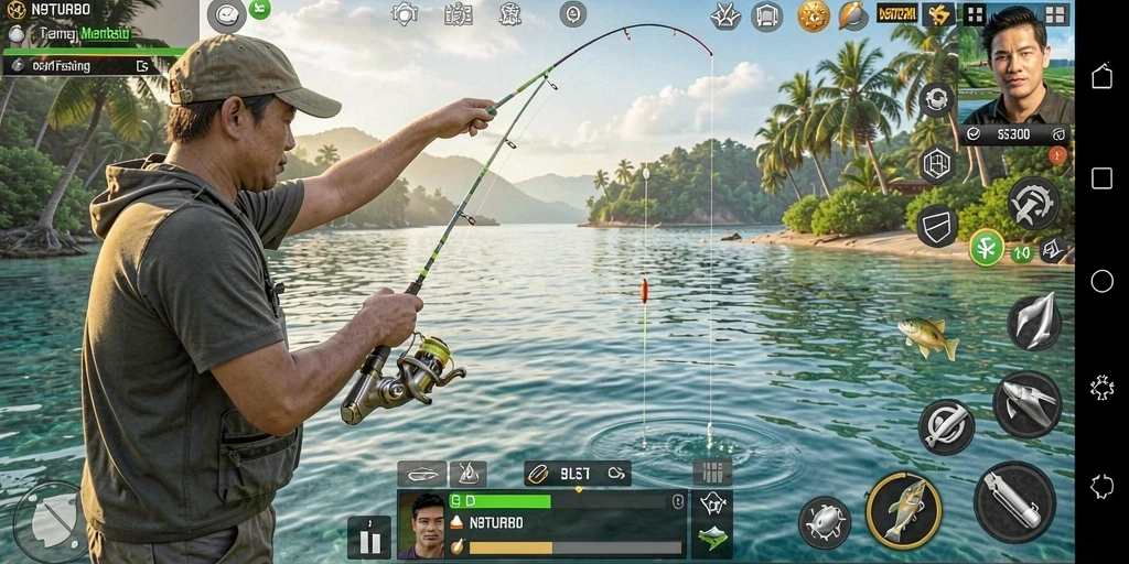 Tampilan gameplay N9TURBO yang menampilkan pengalaman memancing yang seru.
