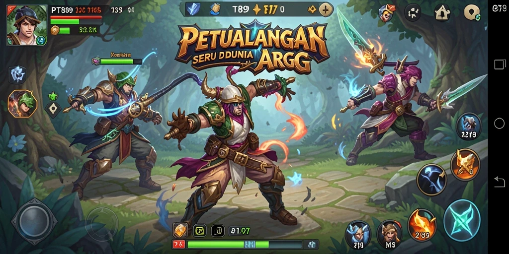 Tampilan screenshot PT89 dengan karakter yang bertarung melawan monster di dunia fantasi.