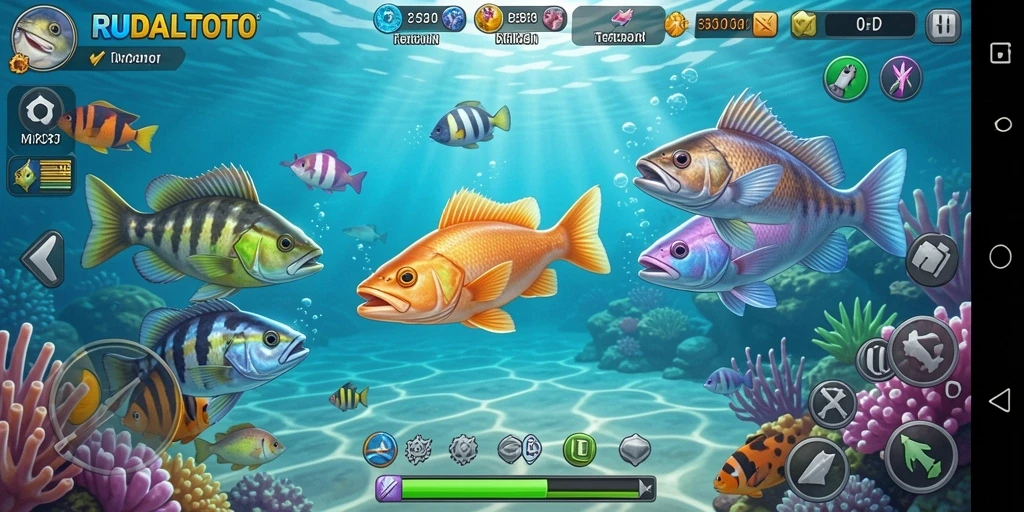 Tampilan seru gameplay RUDALTOTO menunjukkan aksi Tembak Ikan.
